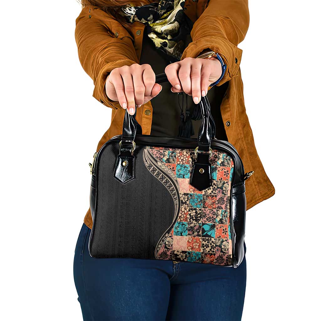 Hawaiian Hibiscus and Tropical Leaves Shoulder Handbag Patchwork Grunge Abstract and Tapa Tribal Pattern Half Style LT03 One Size Black - Polynesian Pride