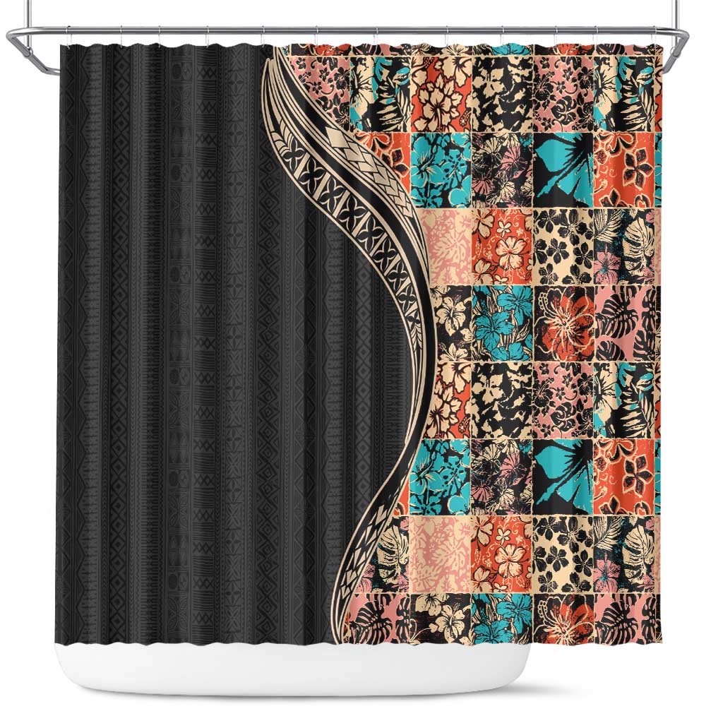 Hawaiian Hibiscus and Tropical Leaves Shower Curtain Patchwork Grunge Abstract and Tapa Tribal Pattern Half Style LT03 Black - Polynesian Pride