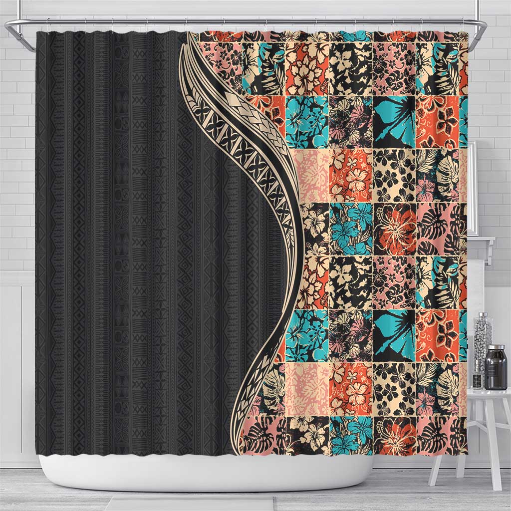 Hawaiian Hibiscus and Tropical Leaves Shower Curtain Patchwork Grunge Abstract and Tapa Tribal Pattern Half Style