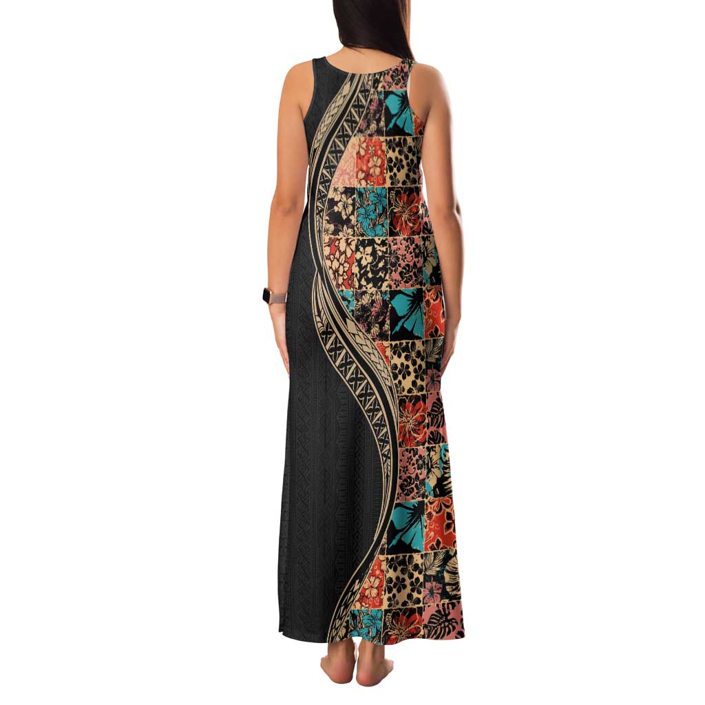 Hawaiian Hibiscus and Tropical Leaves Tank Maxi Dress Patchwork Grunge Abstract and Tapa Tribal Pattern Half Style