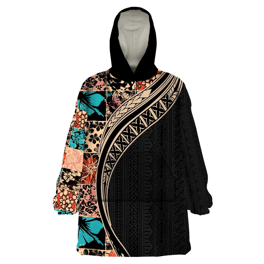 Hawaiian Hibiscus and Tropical Leaves Wearable Blanket Hoodie Patchwork Grunge Abstract and Tapa Tribal Pattern Half Style LT03 One Size Black - Polynesian Pride