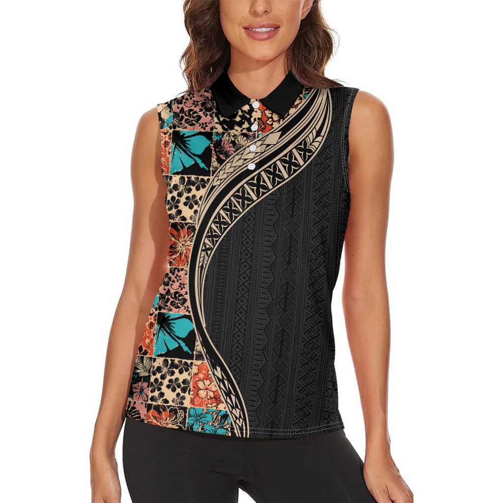 Hawaiian Hibiscus and Tropical Leaves Women Sleeveless Polo Shirt Patchwork Grunge Abstract and Tapa Tribal Pattern Half Style