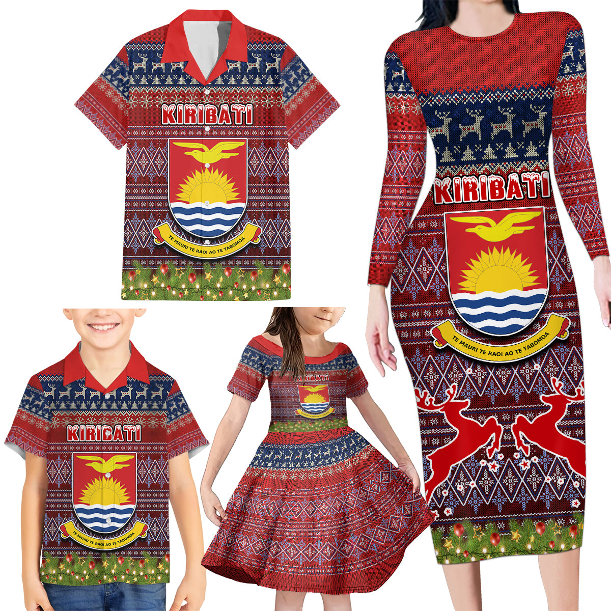 kiribati-christmas-family-matching-long-sleeve-bodycon-dress-and-hawaiian-shirt-coat-of-arms-and-map-beautiful-merry-xmas-snowflake