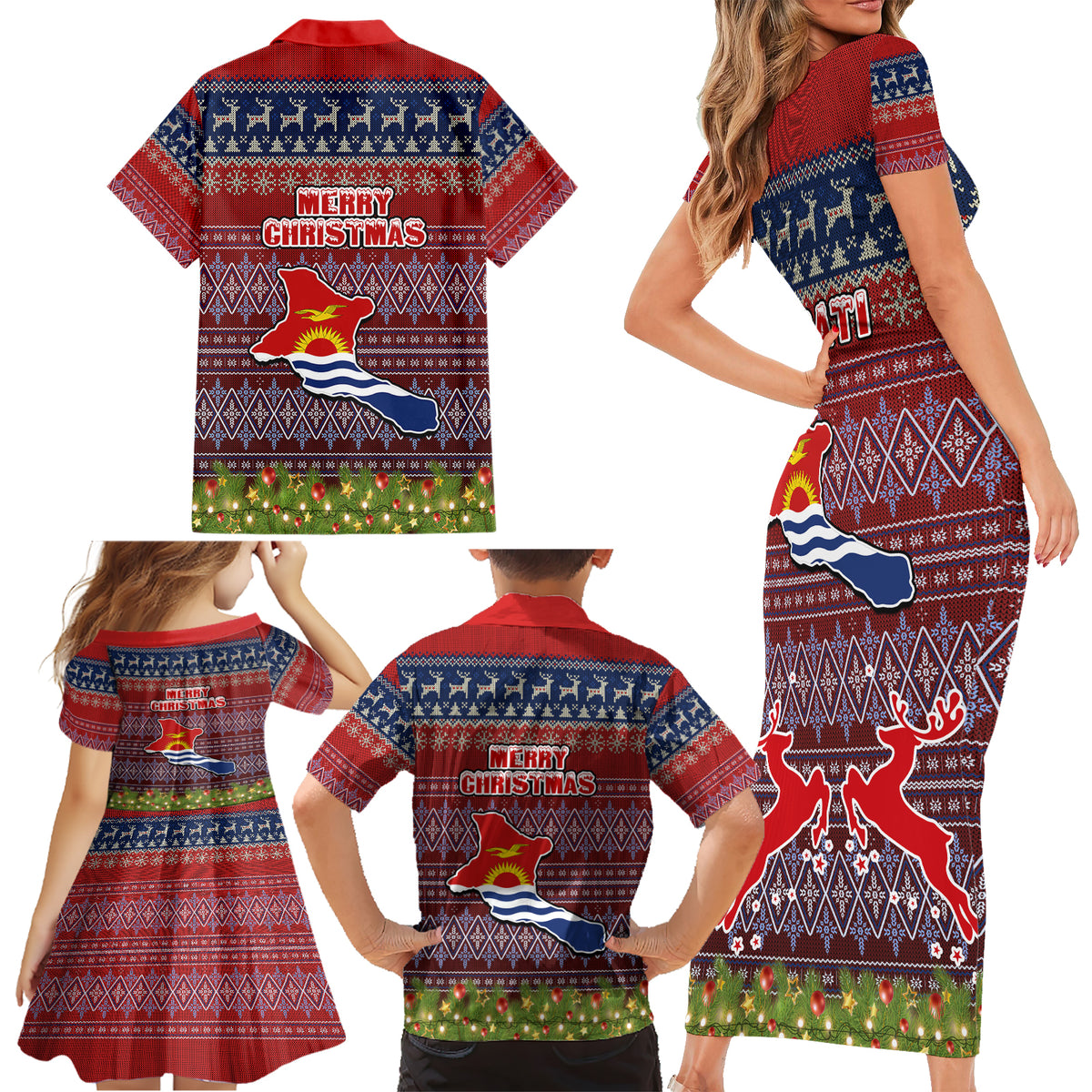 kiribati-christmas-family-matching-short-sleeve-bodycon-dress-and-hawaiian-shirt-coat-of-arms-and-map-beautiful-merry-xmas-snowflake