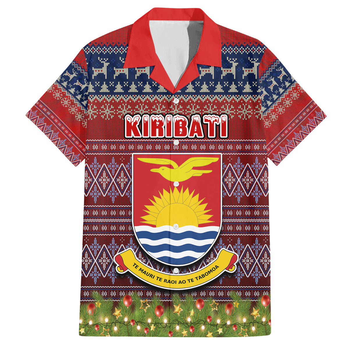 kiribati-christmas-family-matching-short-sleeve-bodycon-dress-and-hawaiian-shirt-coat-of-arms-and-map-beautiful-merry-xmas-snowflake