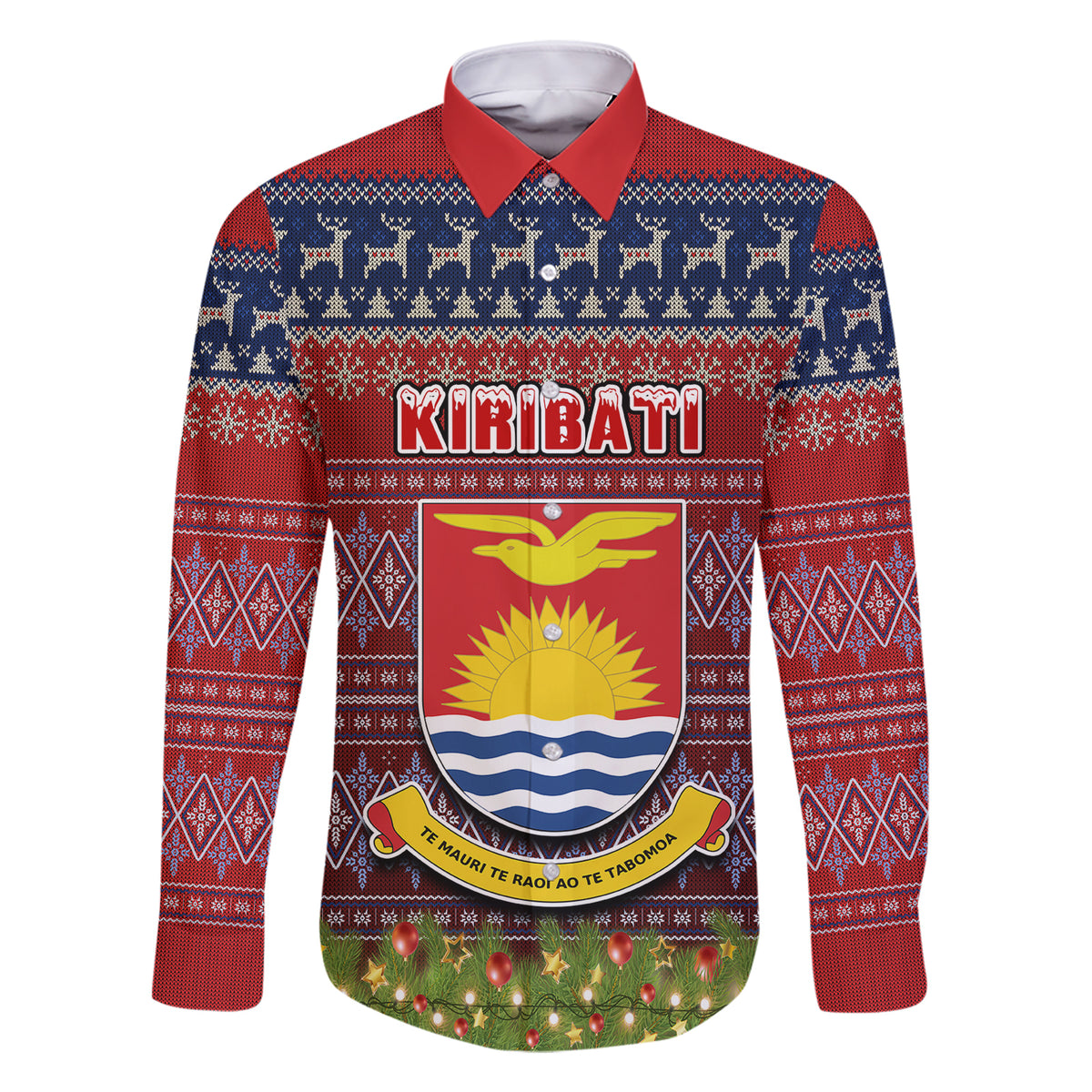 kiribati-christmas-family-matching-short-sleeve-bodycon-dress-and-hawaiian-shirt-coat-of-arms-and-map-beautiful-merry-xmas-snowflake