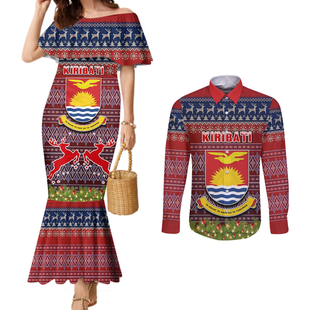 personalised-kiribati-christmas-couples-matching-mermaid-dress-and-long-sleeve-button-shirts-coat-of-arms-and-map-beautiful-merry-xmas-snowflake