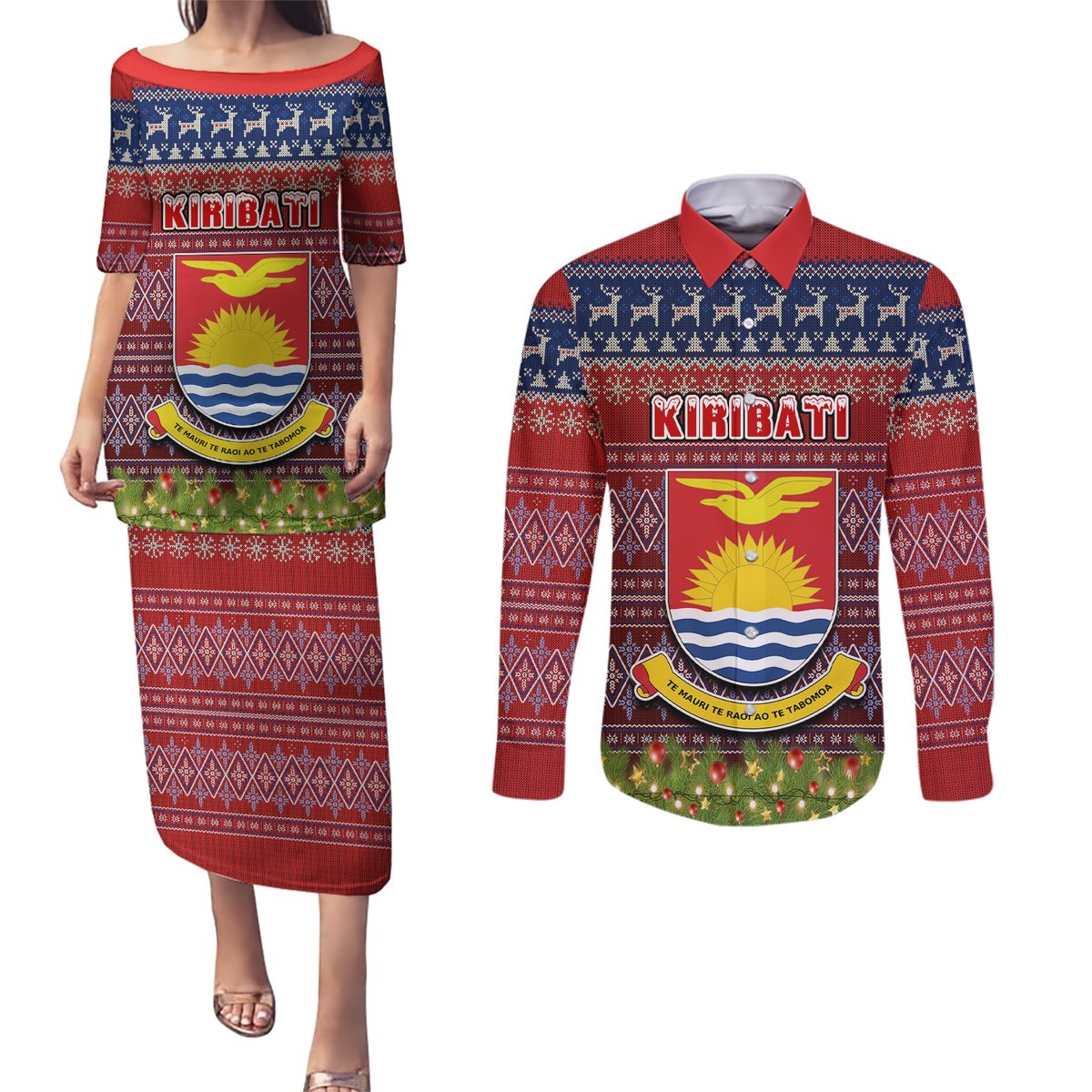 personalised-kiribati-christmas-couples-matching-puletasi-dress-and-long-sleeve-button-shirts-coat-of-arms-and-map-beautiful-merry-xmas-snowflake