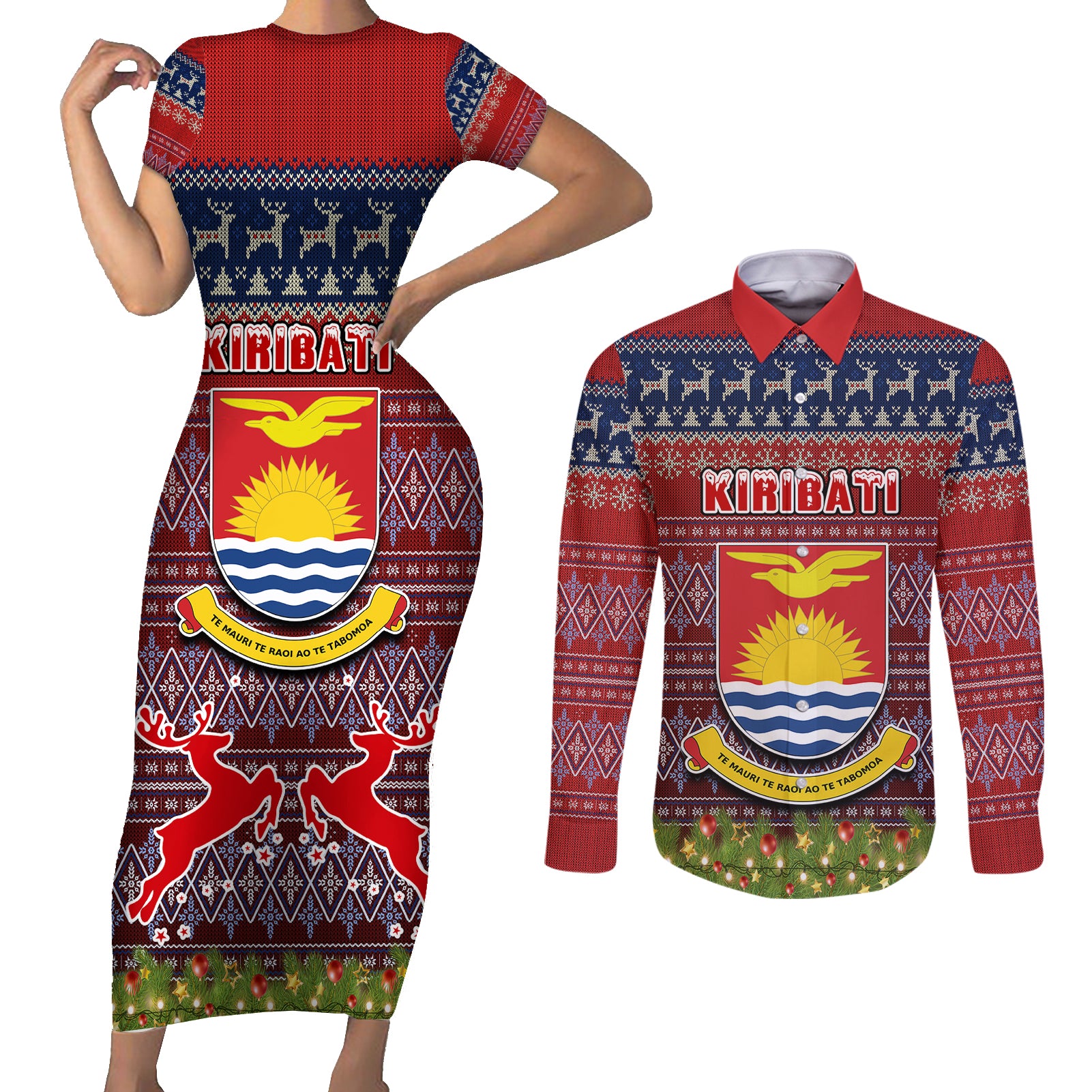personalised-kiribati-christmas-couples-matching-short-sleeve-bodycon-dress-and-long-sleeve-button-shirts-coat-of-arms-and-map-beautiful-merry-xmas-snowflake