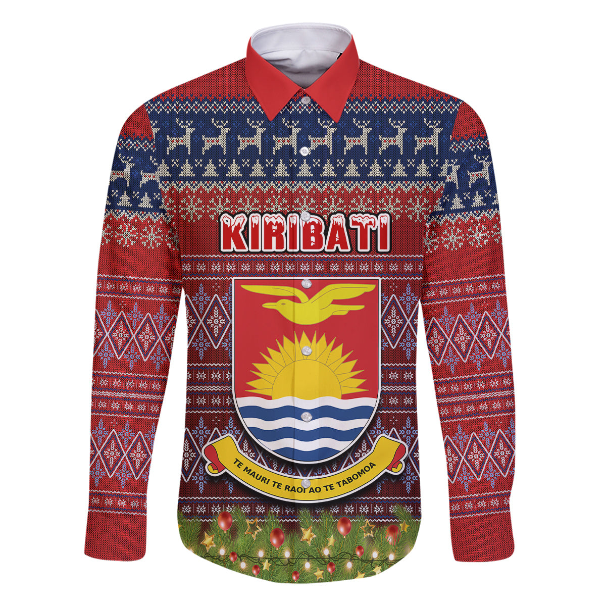 personalised-kiribati-christmas-family-matching-long-sleeve-bodycon-dress-and-hawaiian-shirt-coat-of-arms-and-map-beautiful-merry-xmas-snowflake