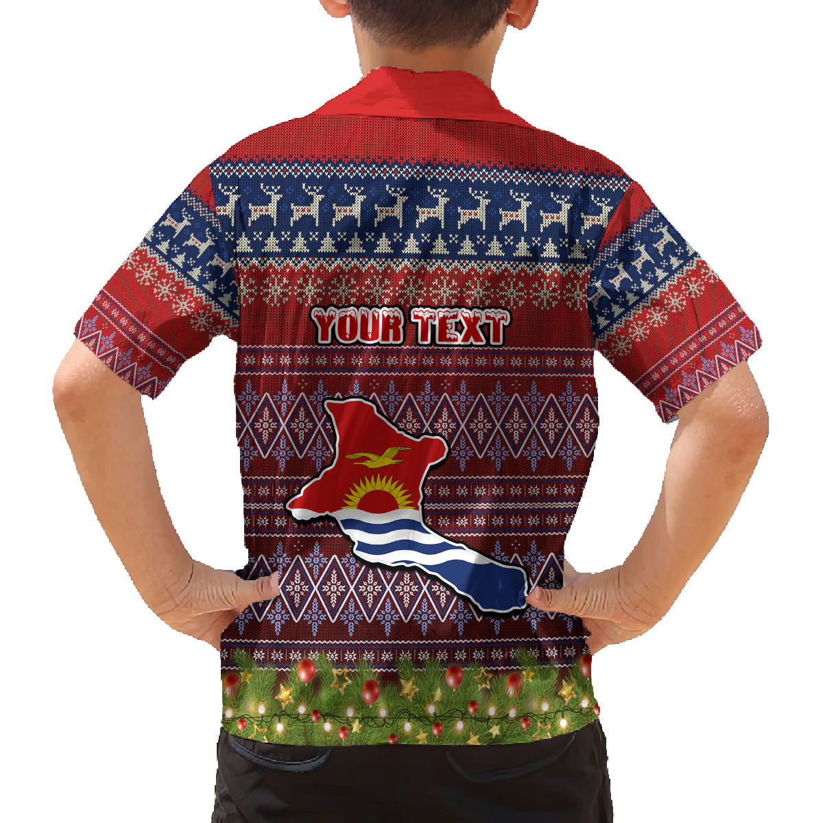 personalised-kiribati-christmas-family-matching-off-shoulder-long-sleeve-dress-and-hawaiian-shirt-coat-of-arms-and-map-beautiful-merry-xmas-snowflake
