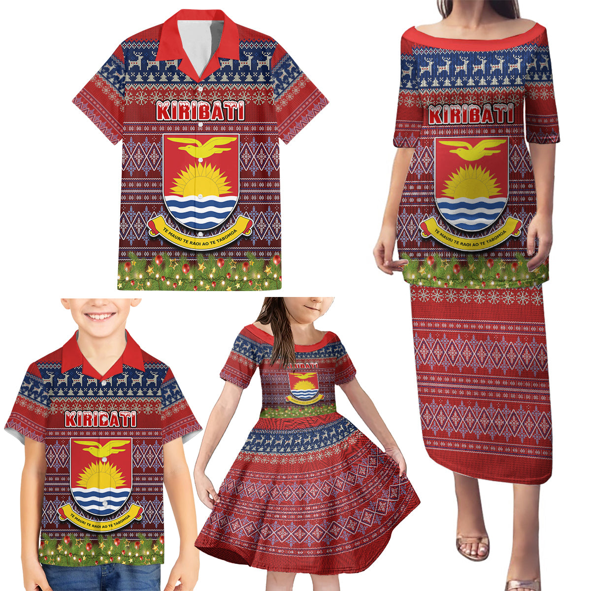 personalised-kiribati-christmas-family-matching-puletasi-dress-and-hawaiian-shirt-coat-of-arms-and-map-beautiful-merry-xmas-snowflake