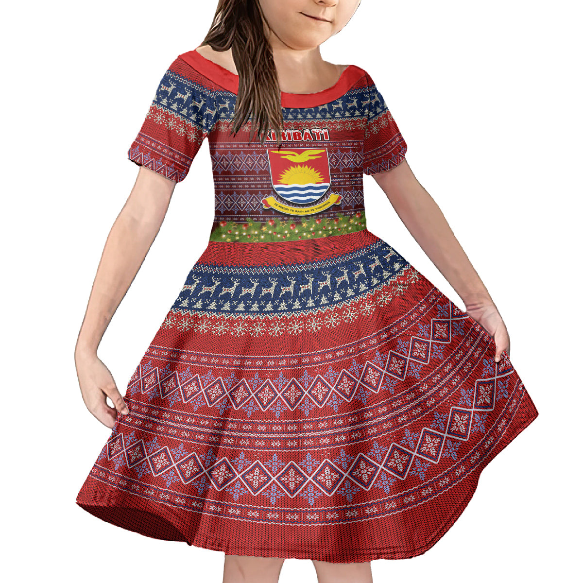 personalised-kiribati-christmas-kid-short-sleeve-dress-coat-of-arms-and-map-beautiful-merry-xmas-snowflake