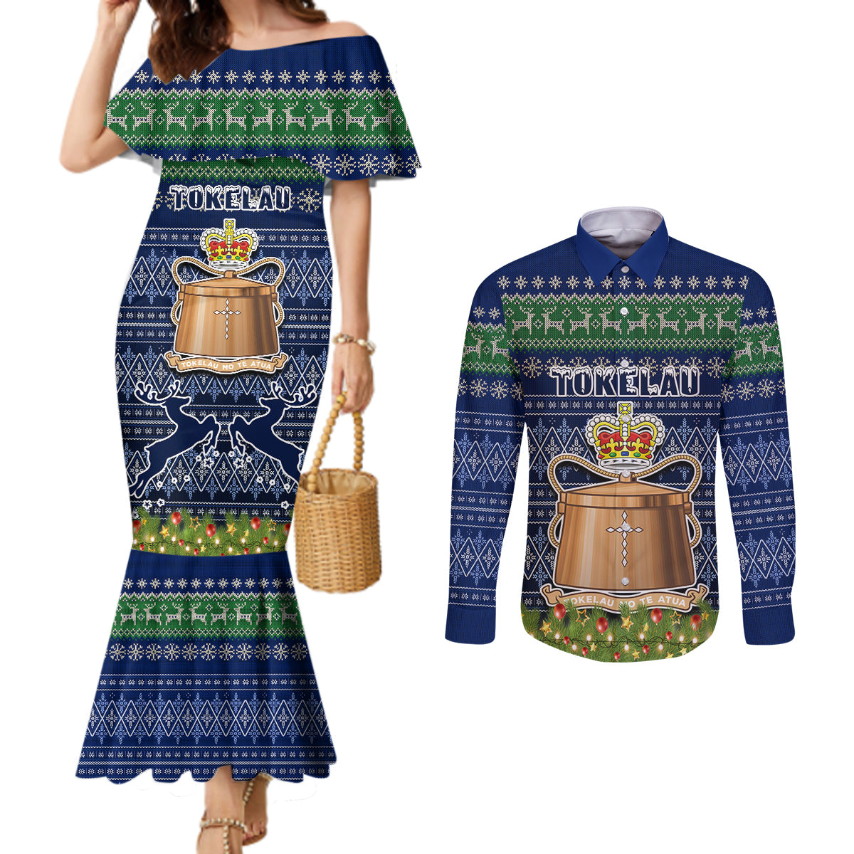 personalised-tokelau-christmas-couples-matching-mermaid-dress-and-long-sleeve-button-shirts-coat-of-arms-and-map-beautiful-merry-xmas-snowflake