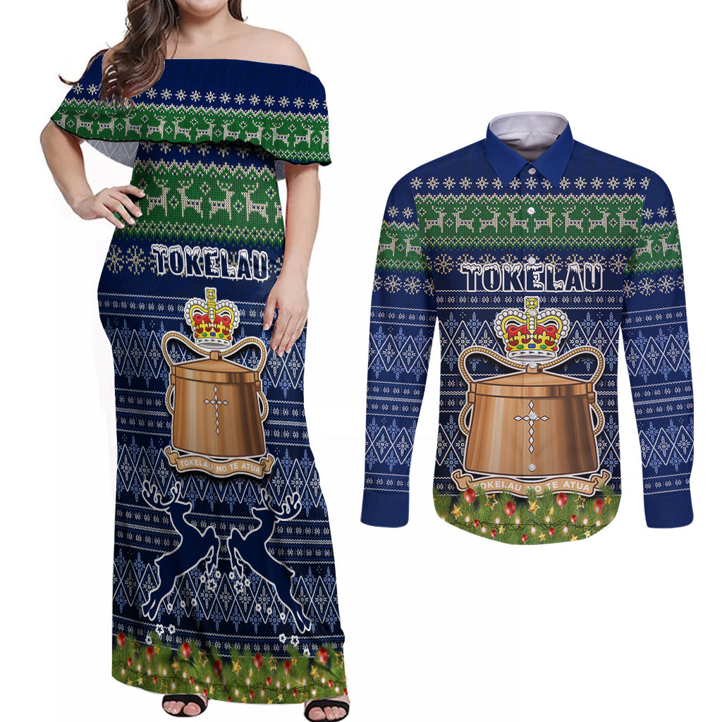 personalised-tokelau-christmas-couples-matching-off-shoulder-maxi-dress-and-long-sleeve-button-shirts-coat-of-arms-and-map-beautiful-merry-xmas-snowflake
