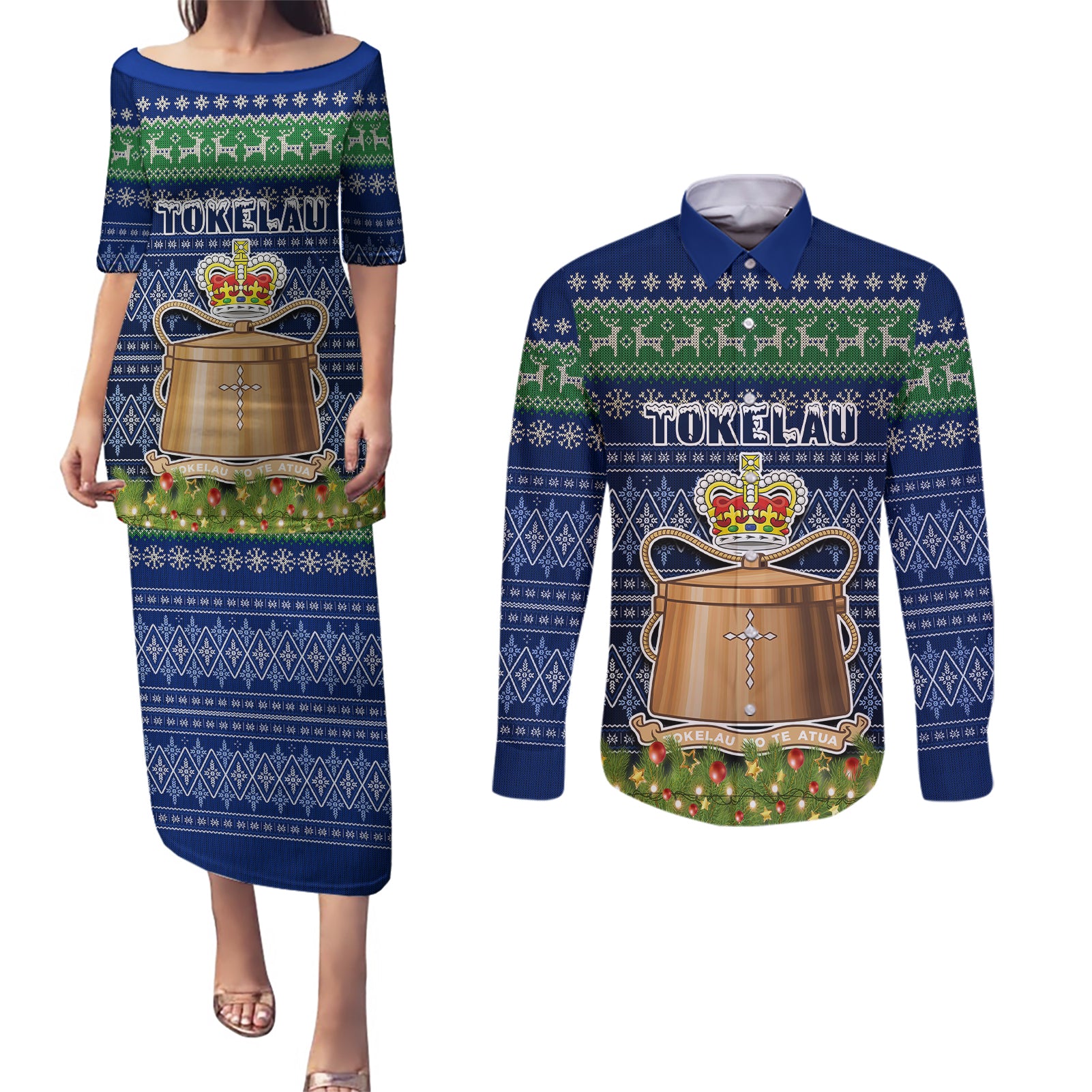 personalised-tokelau-christmas-couples-matching-puletasi-dress-and-long-sleeve-button-shirts-coat-of-arms-and-map-beautiful-merry-xmas-snowflake
