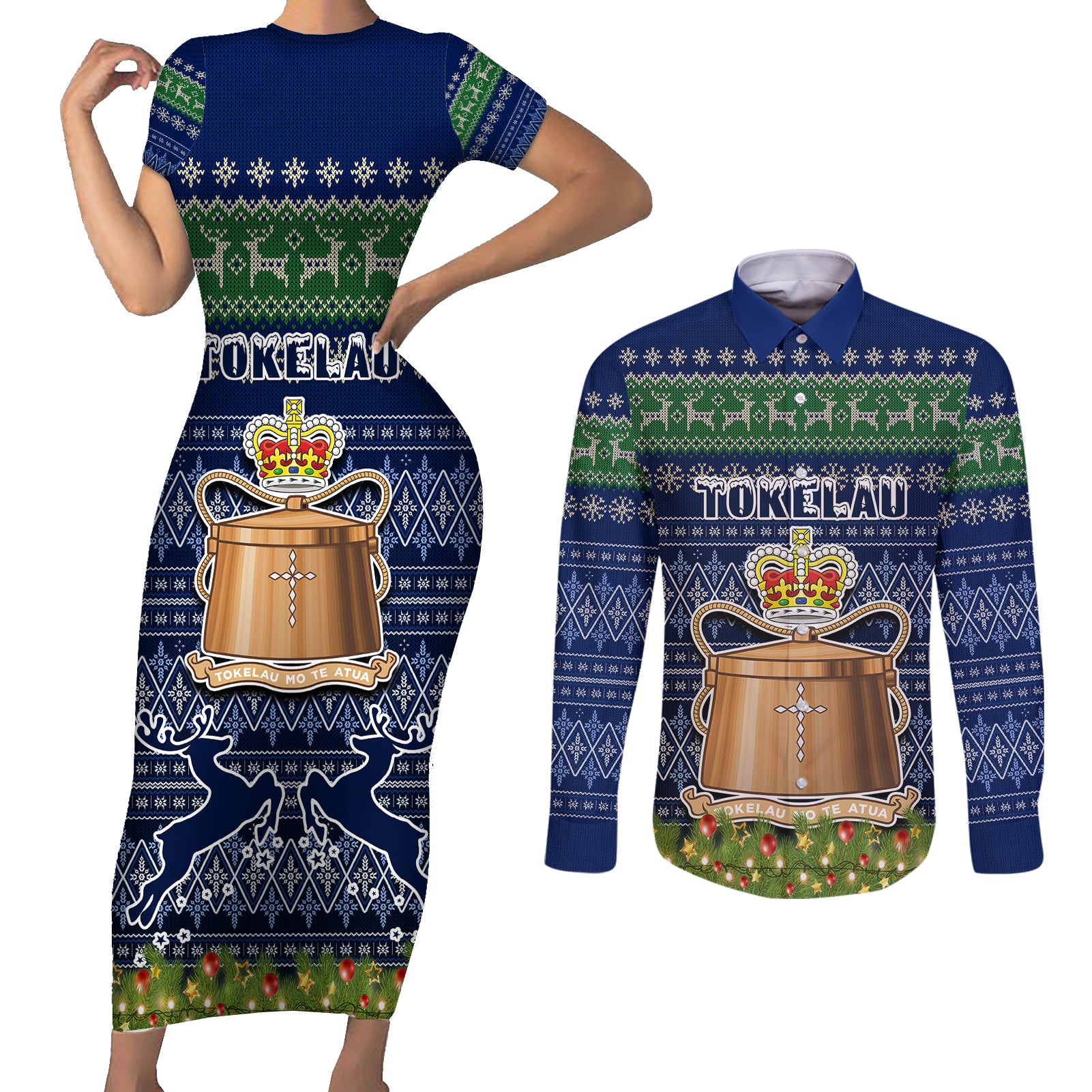 personalised-tokelau-christmas-couples-matching-short-sleeve-bodycon-dress-and-long-sleeve-button-shirts-coat-of-arms-and-map-beautiful-merry-xmas-snowflake