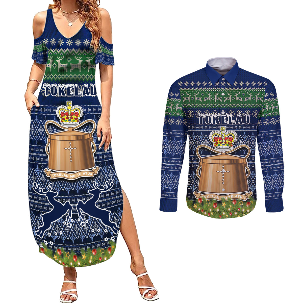 personalised-tokelau-christmas-couples-matching-summer-maxi-dress-and-long-sleeve-button-shirts-coat-of-arms-and-map-beautiful-merry-xmas-snowflake