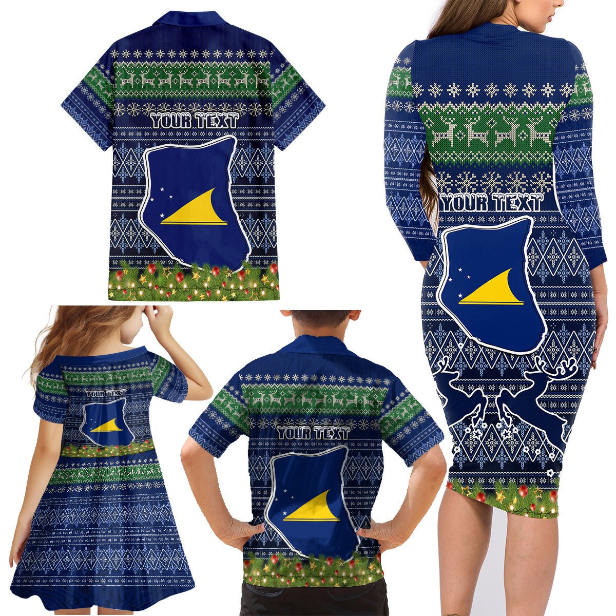 personalised-tokelau-christmas-family-matching-long-sleeve-bodycon-dress-and-hawaiian-shirt-coat-of-arms-and-map-beautiful-merry-xmas-snowflake