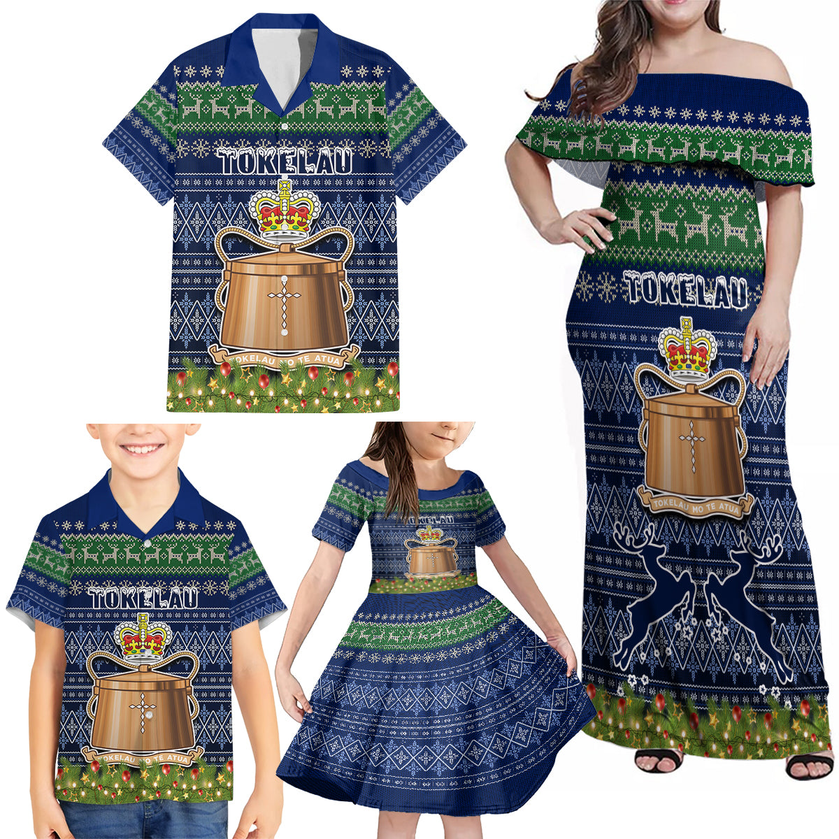personalised-tokelau-christmas-family-matching-off-shoulder-maxi-dress-and-hawaiian-shirt-coat-of-arms-and-map-beautiful-merry-xmas-snowflake