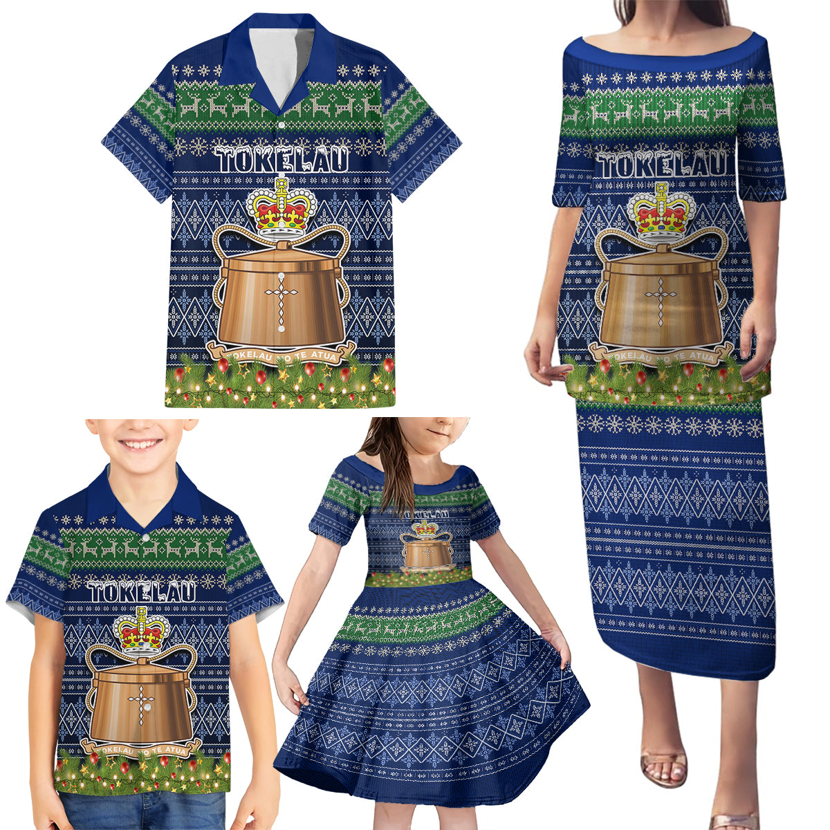 personalised-tokelau-christmas-family-matching-puletasi-dress-and-hawaiian-shirt-coat-of-arms-and-map-beautiful-merry-xmas-snowflake