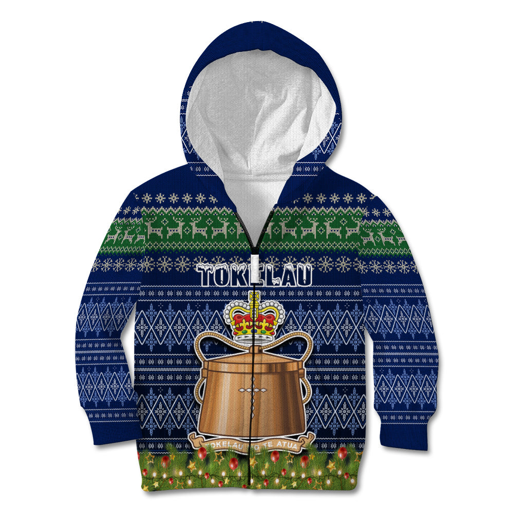 Personalised Tokelau Christmas Kid Hoodie Coat of Arms and Map Beautiful Merry Xmas Snowflake LT03 Zip Hoodie Blue - Polynesian Pride