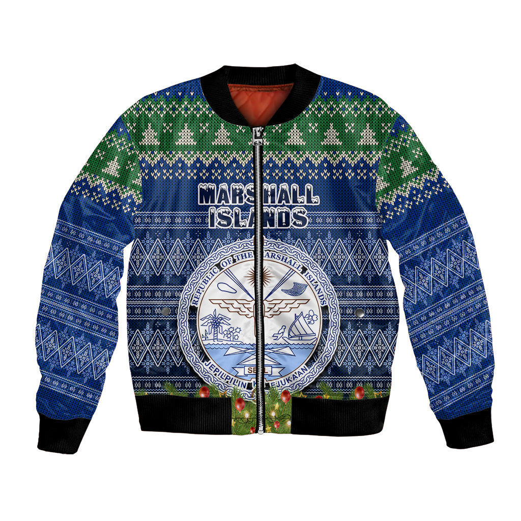 Personalised Marshall Islands Christmas Bomber Jacket Coat of Arms and Map Beautiful Merry Xmas Snowflake LT03 Unisex Blue - Polynesian Pride