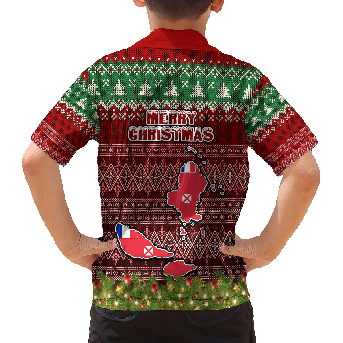 wallis-and-futuna-christmas-family-matching-long-sleeve-bodycon-dress-and-hawaiian-shirt-coat-of-arms-and-map-beautiful-merry-xmas-snowflake