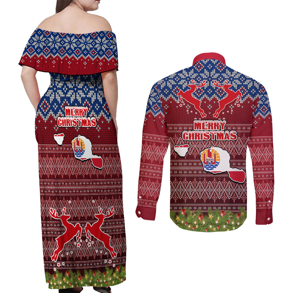 french-polynesia-christmas-couples-matching-off-shoulder-maxi-dress-and-long-sleeve-button-shirts-coat-of-arms-and-map-beautiful-merry-xmas-snowflake