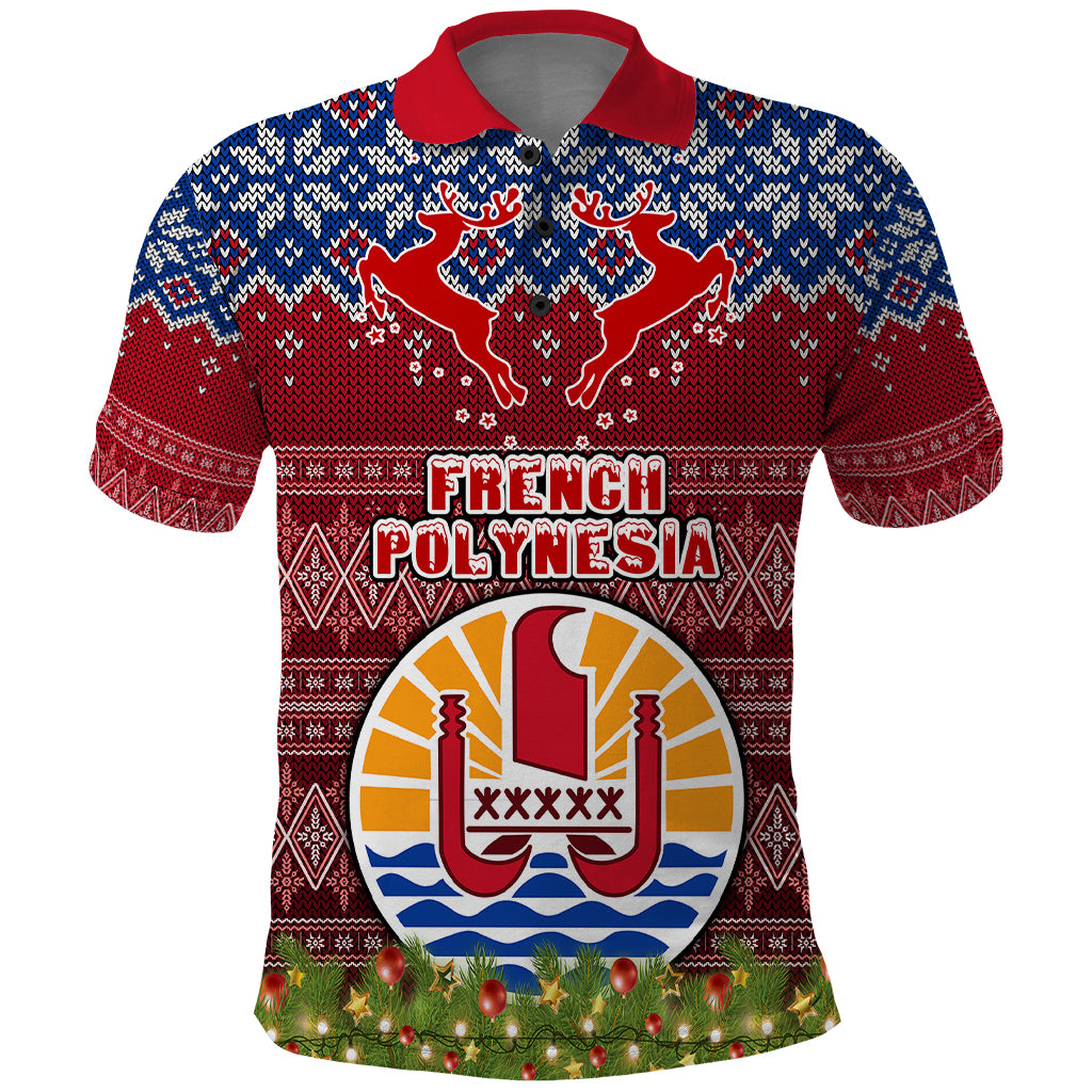 French Polynesia Christmas Polo Shirt Coat of Arms and Map Beautiful Merry Xmas Snowflake LT03 Red - Polynesian Pride