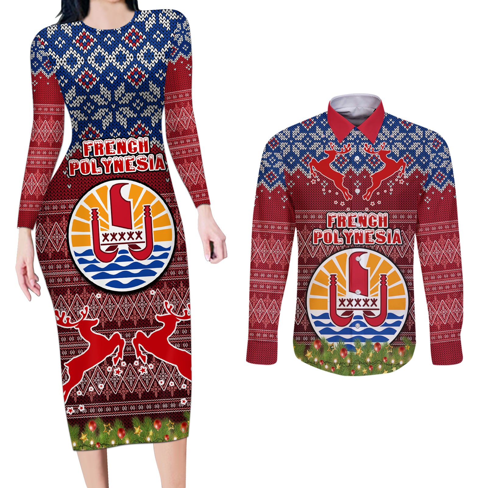personalised-french-polynesia-christmas-couples-matching-long-sleeve-bodycon-dress-and-long-sleeve-button-shirts-coat-of-arms-and-map-beautiful-merry-xmas-snowflake