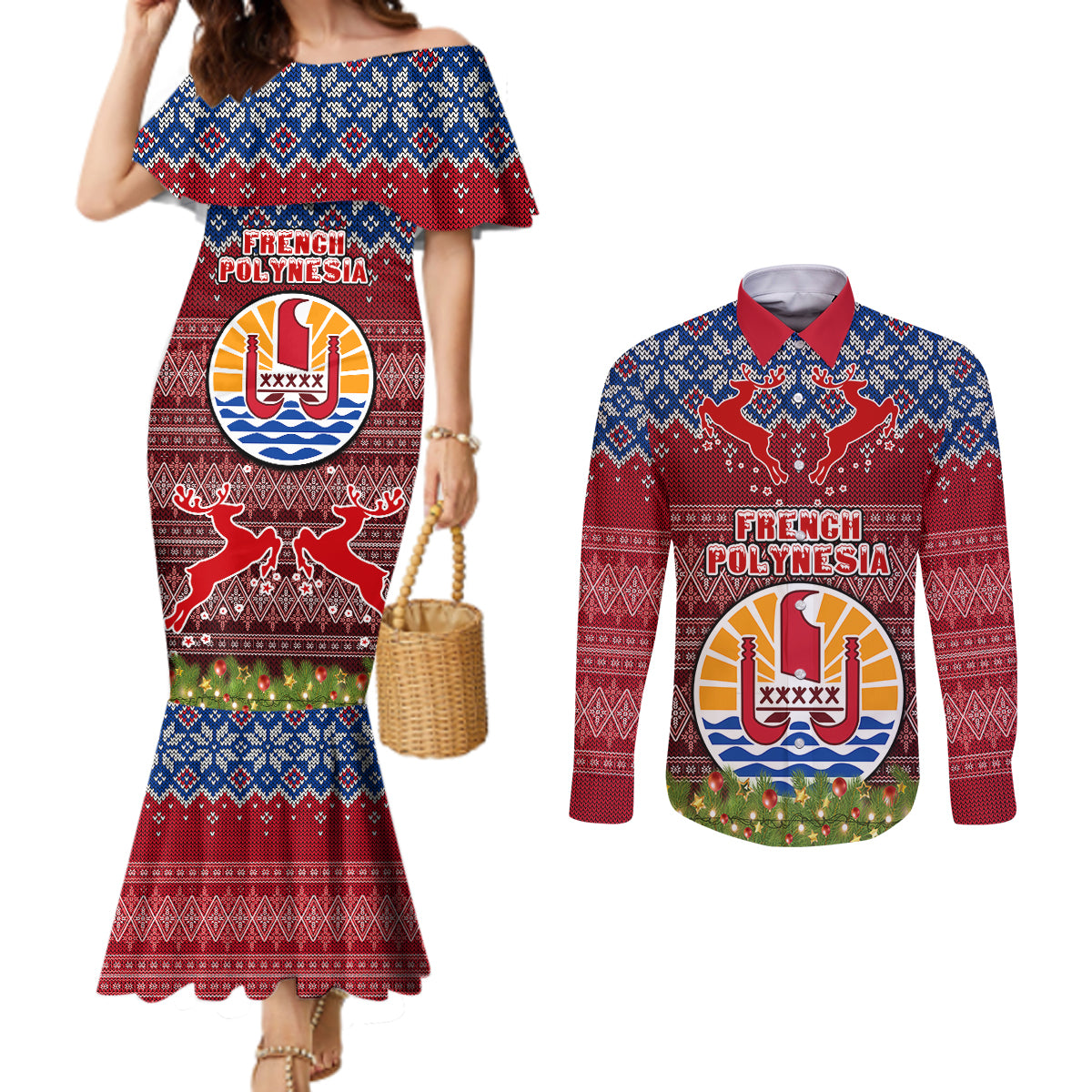 personalised-french-polynesia-christmas-couples-matching-mermaid-dress-and-long-sleeve-button-shirts-coat-of-arms-and-map-beautiful-merry-xmas-snowflake