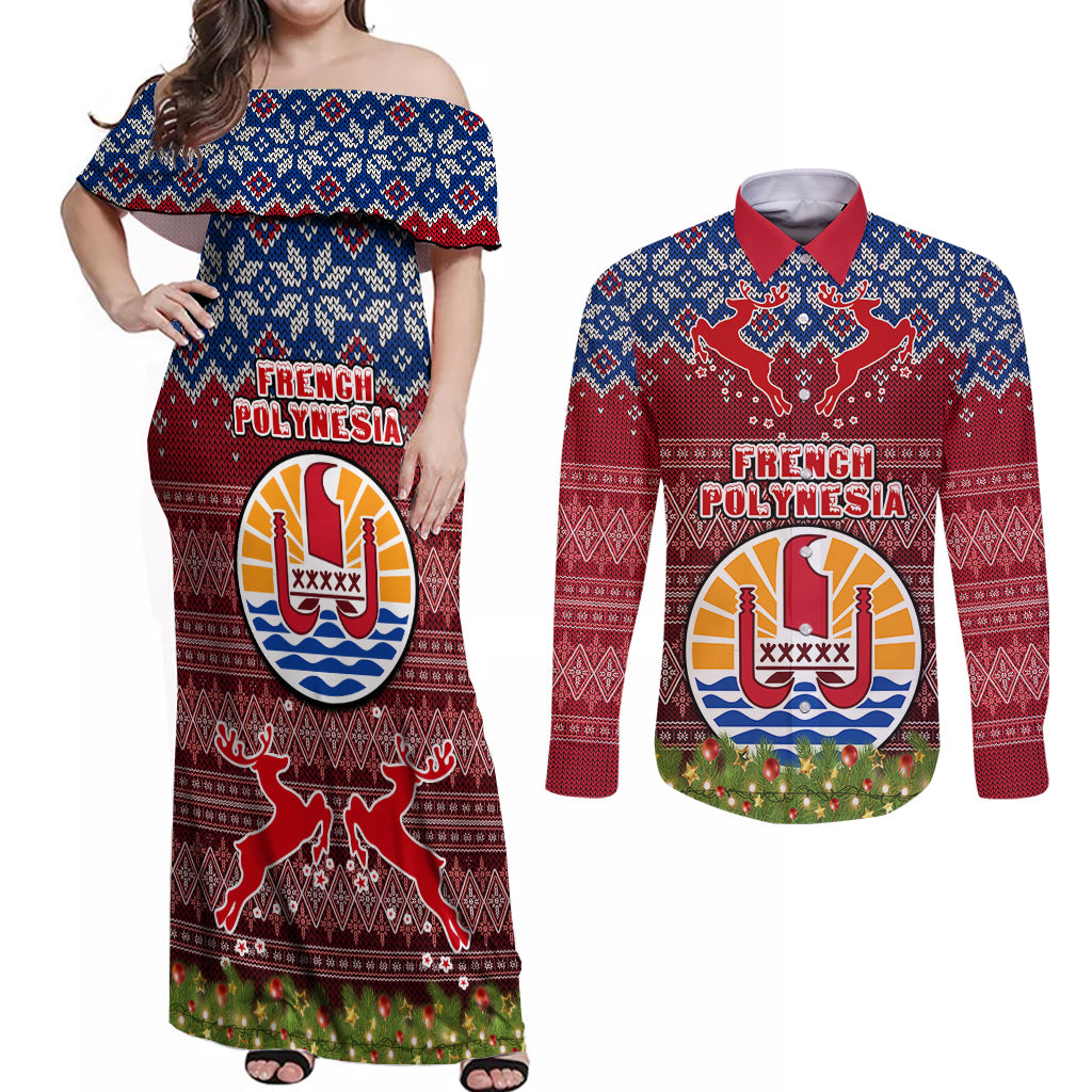 personalised-french-polynesia-christmas-couples-matching-off-shoulder-maxi-dress-and-long-sleeve-button-shirts-coat-of-arms-and-map-beautiful-merry-xmas-snowflake