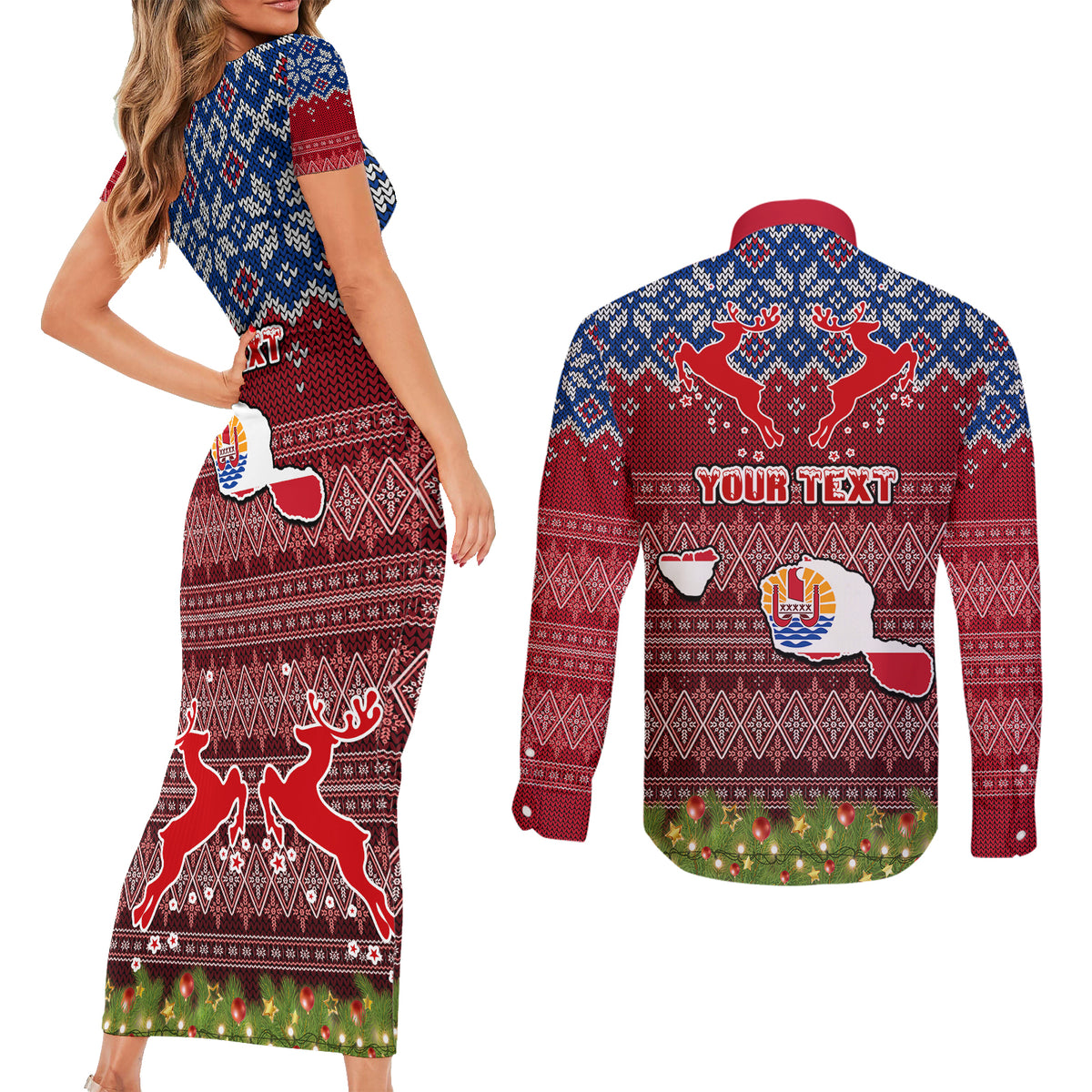 personalised-french-polynesia-christmas-couples-matching-short-sleeve-bodycon-dress-and-long-sleeve-button-shirts-coat-of-arms-and-map-beautiful-merry-xmas-snowflake