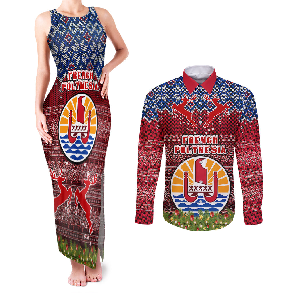personalised-french-polynesia-christmas-couples-matching-tank-maxi-dress-and-long-sleeve-button-shirts-coat-of-arms-and-map-beautiful-merry-xmas-snowflake