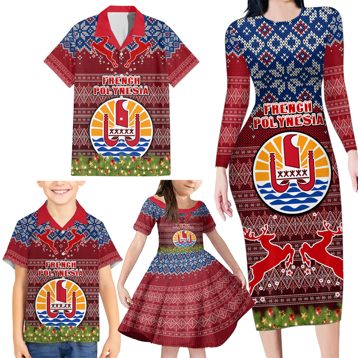 personalised-french-polynesia-christmas-family-matching-long-sleeve-bodycon-dress-and-hawaiian-shirt-coat-of-arms-and-map-beautiful-merry-xmas-snowflake