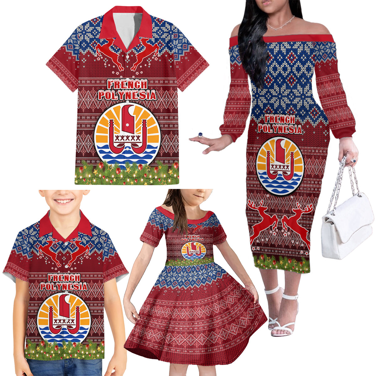 personalised-french-polynesia-christmas-family-matching-off-shoulder-long-sleeve-dress-and-hawaiian-shirt-coat-of-arms-and-map-beautiful-merry-xmas-snowflake