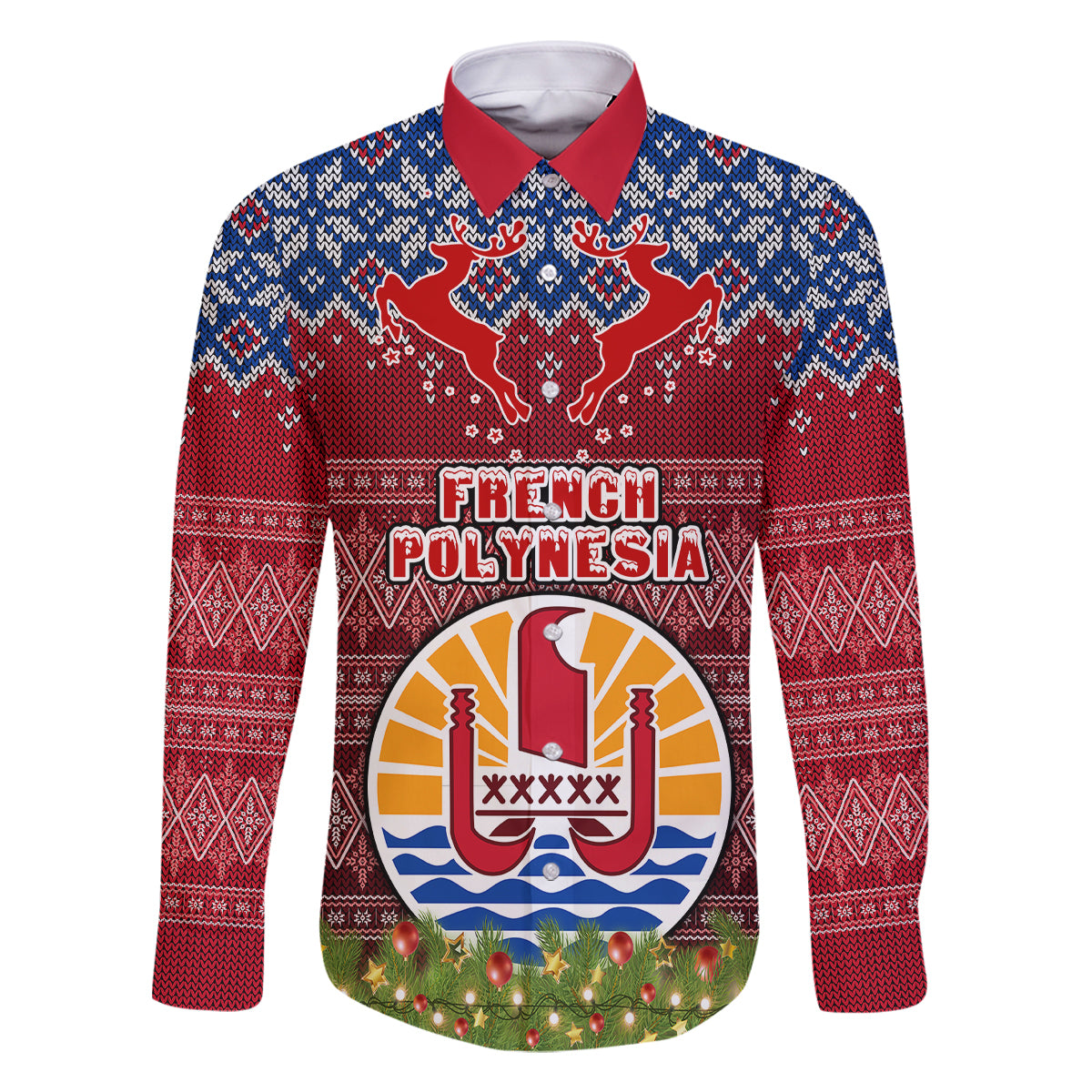 personalised-french-polynesia-christmas-family-matching-off-shoulder-long-sleeve-dress-and-hawaiian-shirt-coat-of-arms-and-map-beautiful-merry-xmas-snowflake