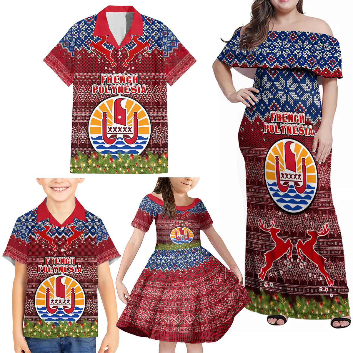personalised-french-polynesia-christmas-family-matching-off-shoulder-maxi-dress-and-hawaiian-shirt-coat-of-arms-and-map-beautiful-merry-xmas-snowflake