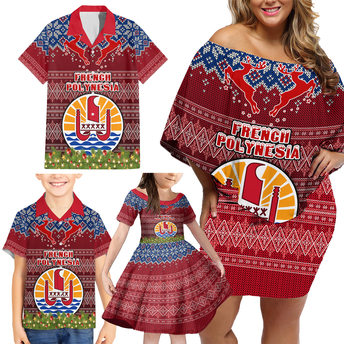 personalised-french-polynesia-christmas-family-matching-off-shoulder-short-dress-and-hawaiian-shirt-coat-of-arms-and-map-beautiful-merry-xmas-snowflake