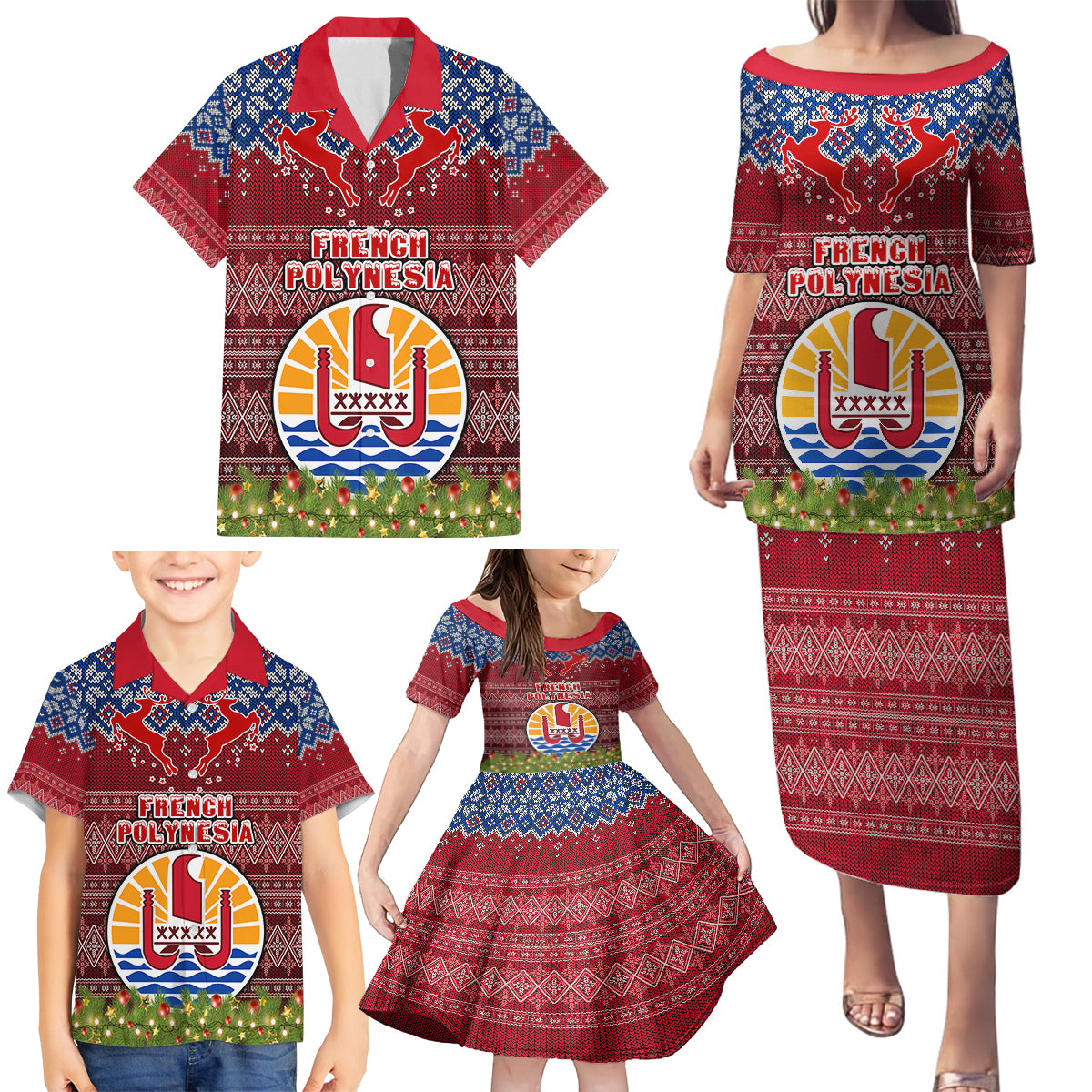 Personalised French Polynesia Christmas Family Matching Puletasi Dress and Hawaiian Shirt Coat of Arms and Map Beautiful Merry Xmas Snowflake LT03 - Polynesian Pride