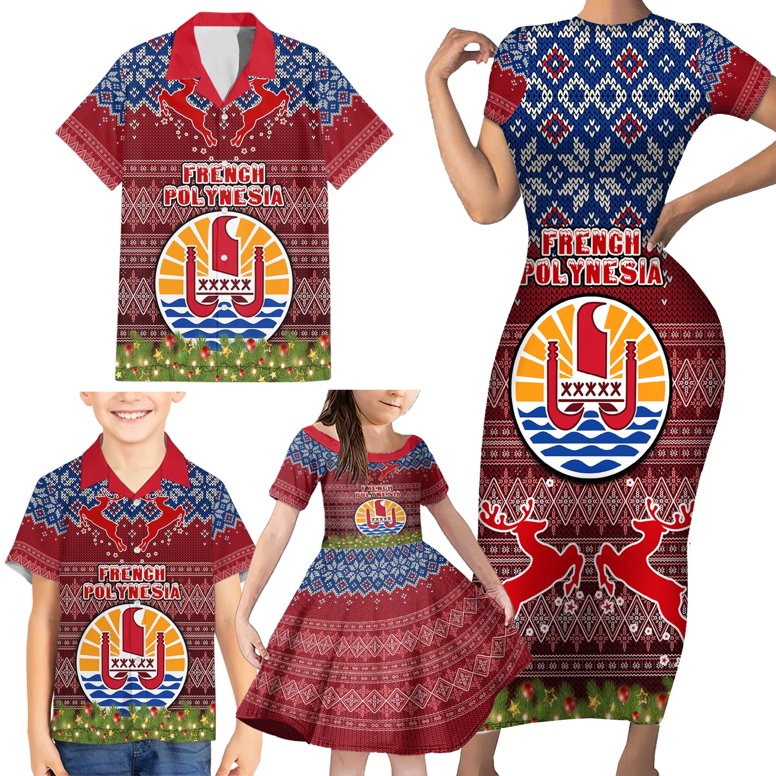 personalised-french-polynesia-christmas-family-matching-short-sleeve-bodycon-dress-and-hawaiian-shirt-coat-of-arms-and-map-beautiful-merry-xmas-snowflake