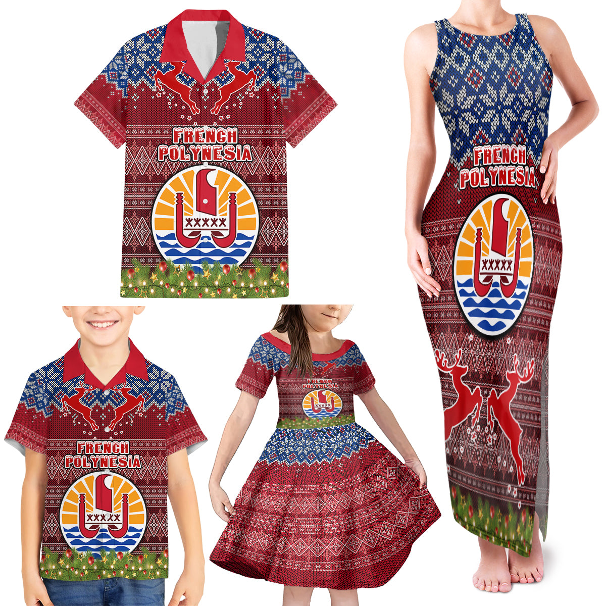 personalised-french-polynesia-christmas-family-matching-tank-maxi-dress-and-hawaiian-shirt-coat-of-arms-and-map-beautiful-merry-xmas-snowflake