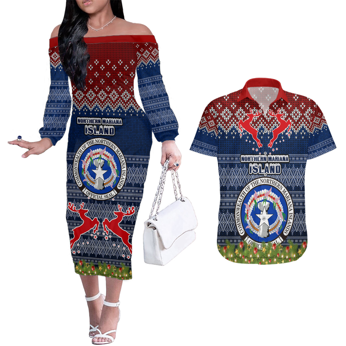 northern-mariana-islands-christmas-couples-matching-off-the-shoulder-long-sleeve-dress-and-hawaiian-shirt-coat-of-arms-and-map-beautiful-merry-xmas-snowflake