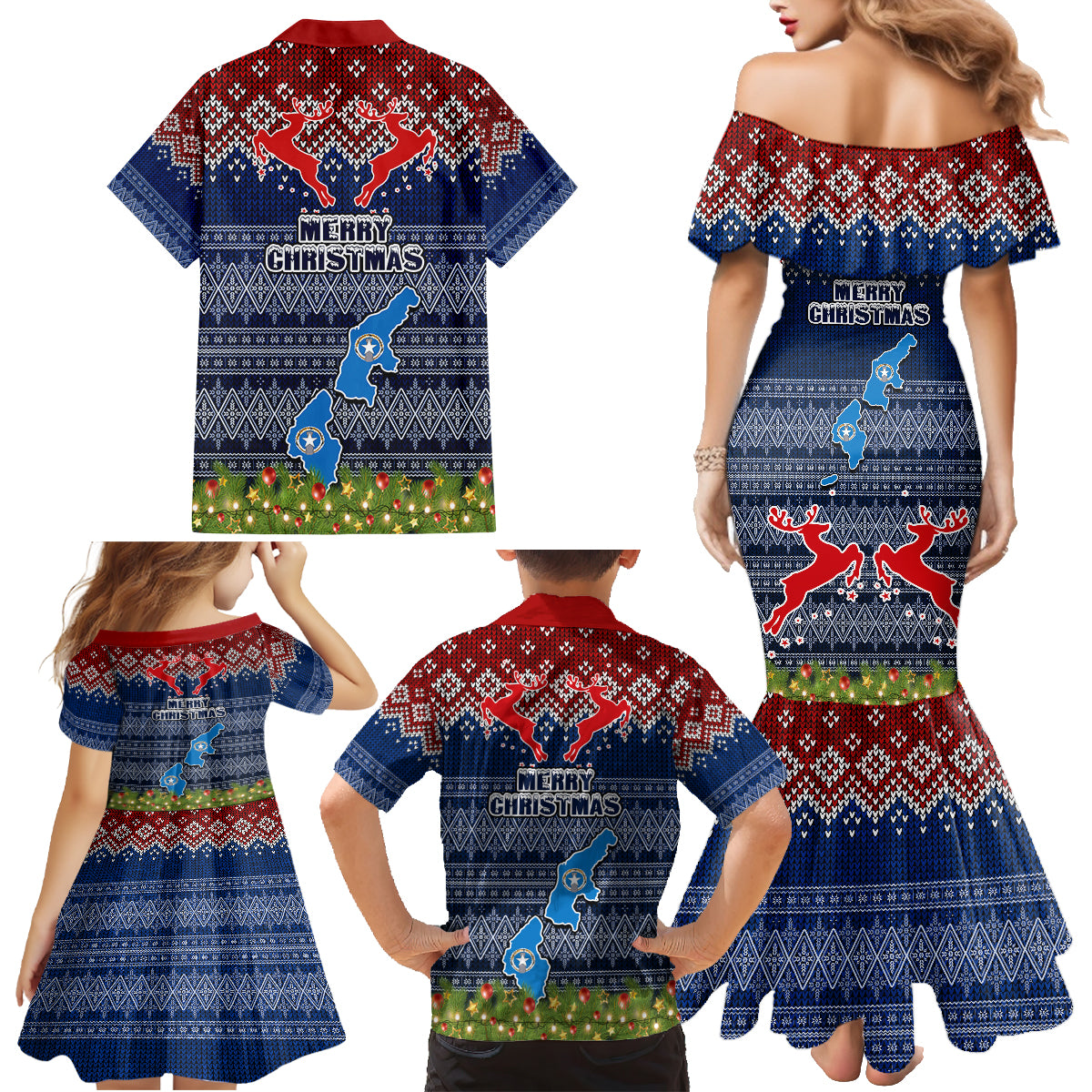 northern-mariana-islands-christmas-family-matching-mermaid-dress-and-hawaiian-shirt-coat-of-arms-and-map-beautiful-merry-xmas-snowflake