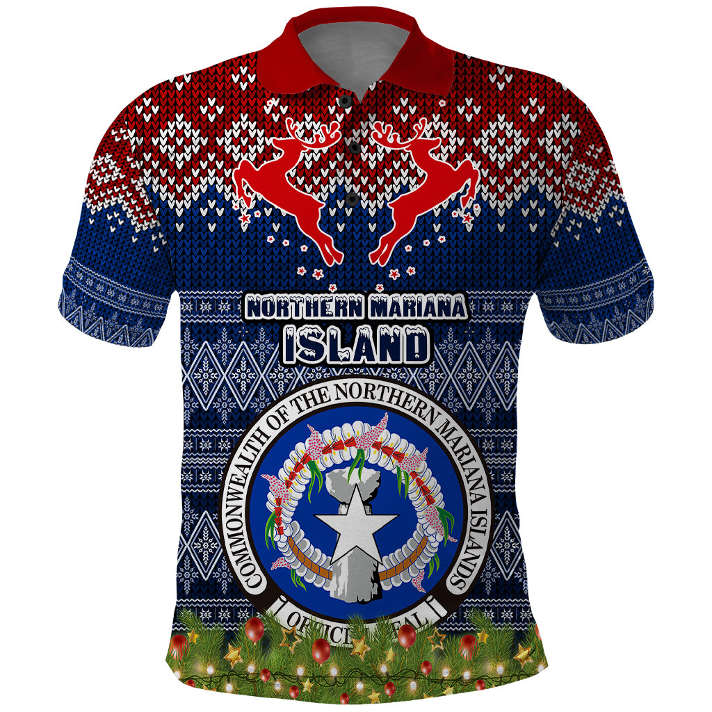 Northern Mariana Islands Christmas Polo Shirt Coat of Arms and Map Beautiful Merry Xmas Snowflake LT03 Blue - Polynesian Pride