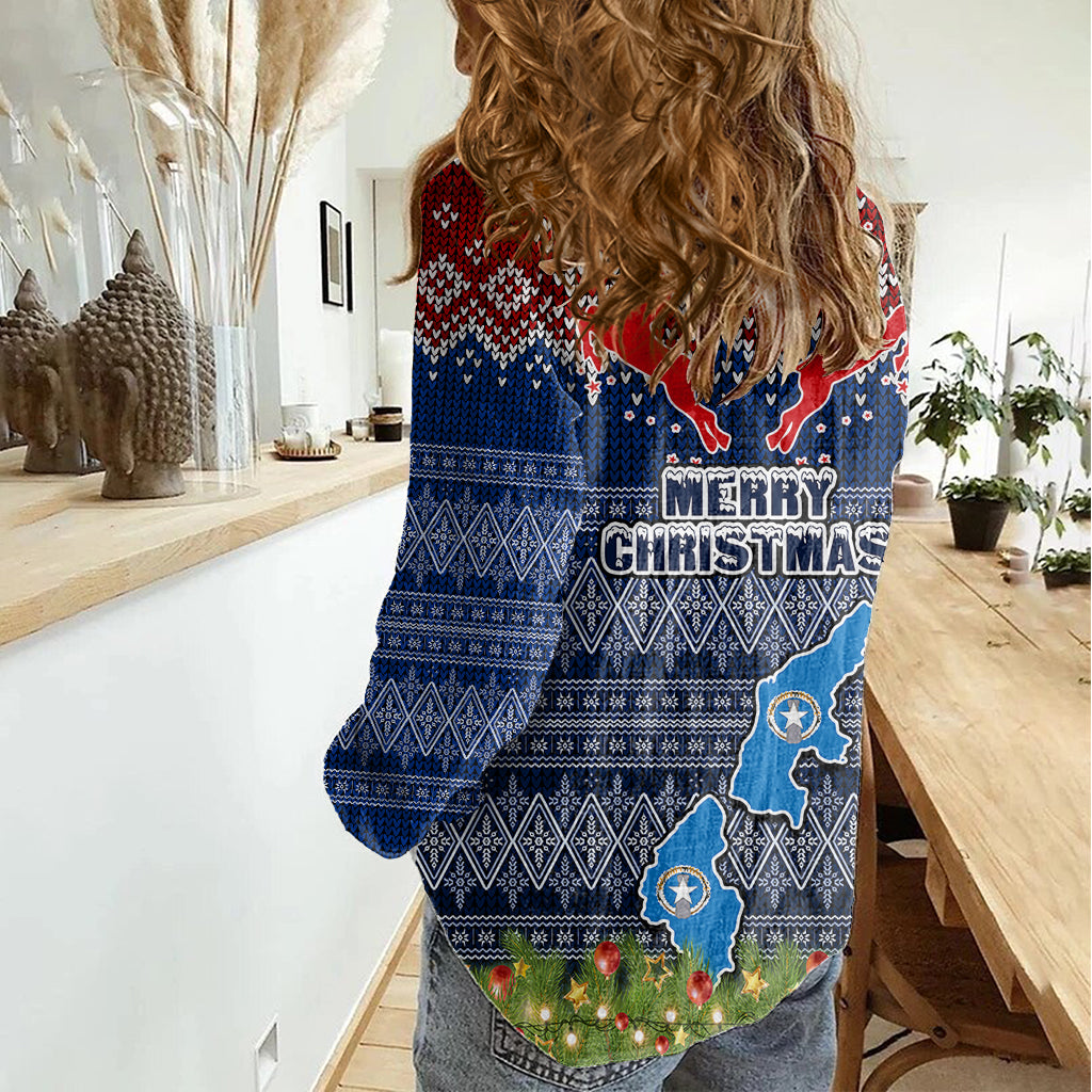 northern-mariana-islands-christmas-women-casual-shirt-coat-of-arms-and-map-beautiful-merry-xmas-snowflake