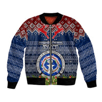 Personalised Northern Mariana Islands Christmas Bomber Jacket Coat of Arms and Map Beautiful Merry Xmas Snowflake LT03 Unisex Blue - Polynesian Pride