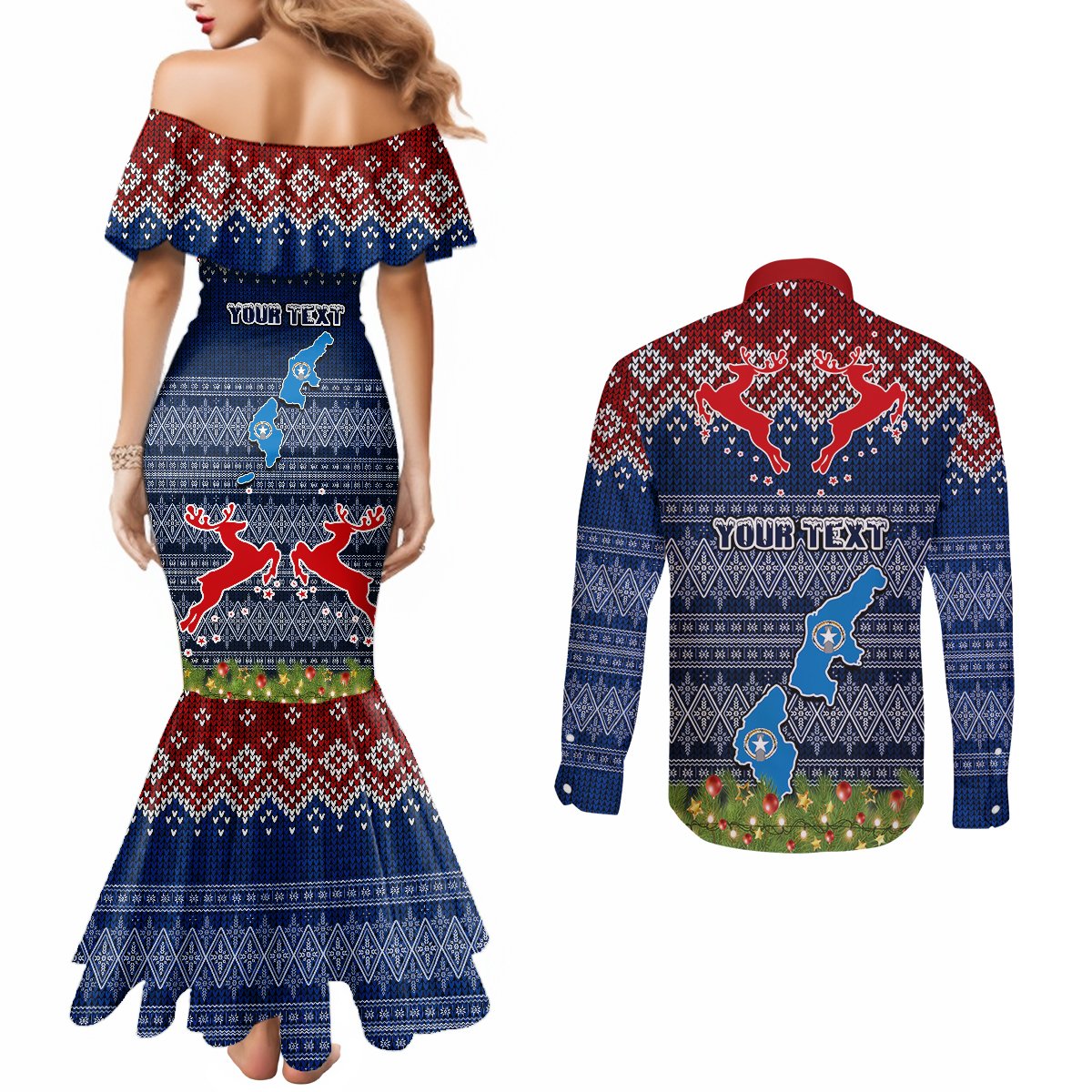 personalised-northern-mariana-islands-christmas-couples-matching-mermaid-dress-and-long-sleeve-button-shirts-coat-of-arms-and-map-beautiful-merry-xmas-snowflake
