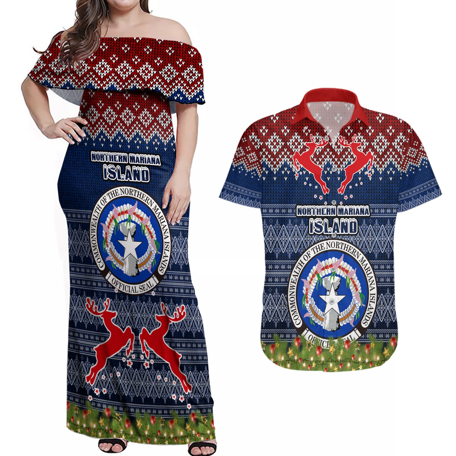 personalised-northern-mariana-islands-christmas-couples-matching-off-shoulder-maxi-dress-and-hawaiian-shirt-coat-of-arms-and-map-beautiful-merry-xmas-snowflake